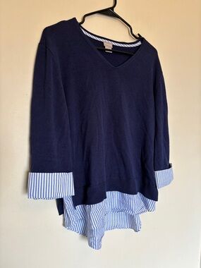 Chicos Built-In Shirt Knit Sweater Sz 1 (M) Preppy 3/4 Sleeves Academia V-Neck